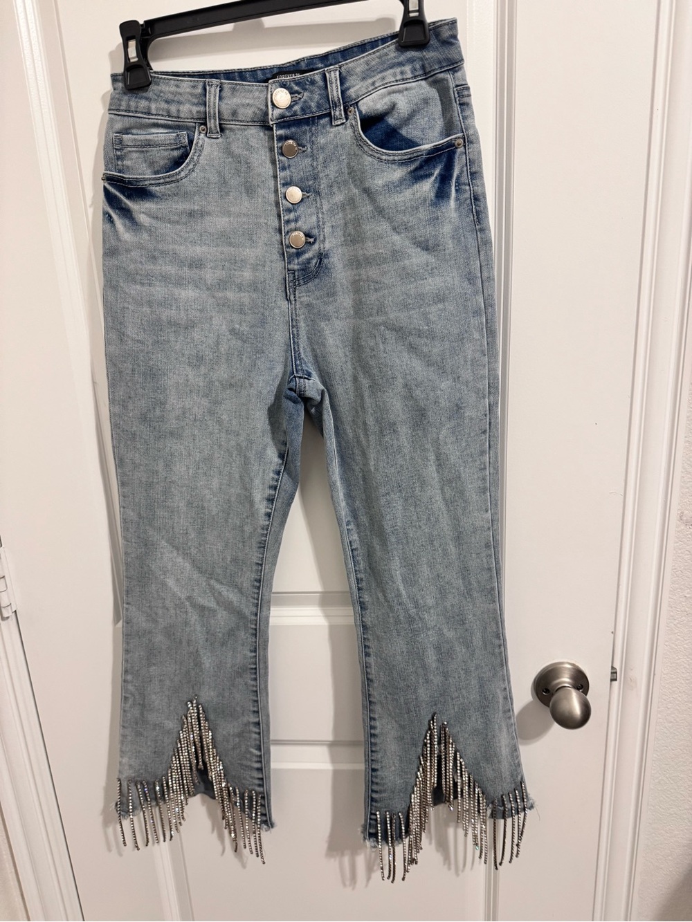 Forever 21 Light Blue High-Rise Flare Jeans with Beaded Fringe